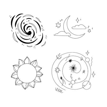 Outline vector illustrations - Universe signs. Linear planets with satellites, stars and other signs. space and galaxy. Perfect for logo, card, print, branding, stickersのイラスト素材