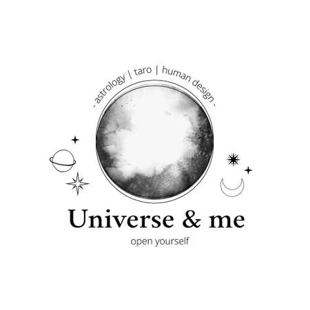 Watercolor vector logo with linear signs - black planet with universe elements. Astrology and human design. Linear stars, moon, planets, space. Perfect for logo, card, print, brandingのイラスト素材