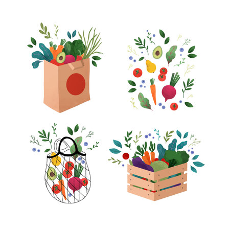 Colorful vector illustration - Wooden box and grocery bag with raw vegetables and fruits. Tomatoes, avocado, aubergines, beetroot and greens. Vegan lifestyle. Perfect for supermarkets, local shops, delivery, marketのイラスト素材