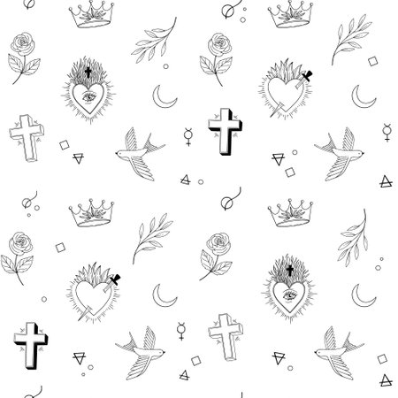 Linear alchemy seamless pattern. Vintage hearts, cross, rose, space and botanical elements. Magic and occult illustrations. Old school tattoo style. Perfect for package, fabric, backgroundのイラスト素材