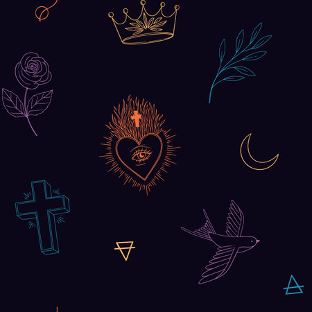 Linear alchemy seamless pattern. Vintage hearts, cross, rose, space and botanical elements. Magic and occult illustrations. Old school tattoo style. Perfect for package, fabric, backgroundのイラスト素材