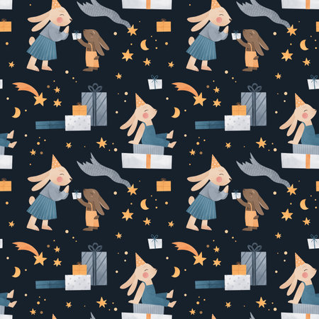 Watercolor seamless pattern with rabbit characters. Kids celebration with gifts, bunnies, stars. party animals. happy birthday. Christmas. rabbit year. Perfect for fabric, wrapping paper, home decorの写真素材