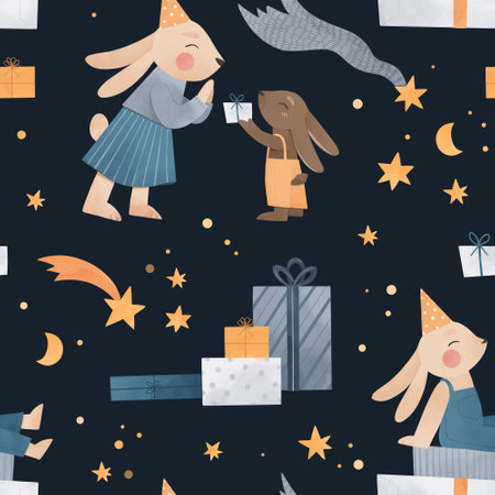 Watercolor seamless pattern with rabbit characters. Kids celebration with gifts, bunnies, stars. party animals. happy birthday. Christmas. rabbit year. Perfect for fabric, wrapping paper, home decorの写真素材