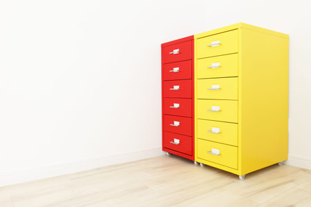 Stack of plastic storage drawer for home or office use on white background