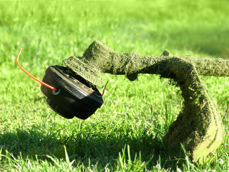 gas trimmer rests on grass after mowing, closeup photo of cutting head with vein and guard