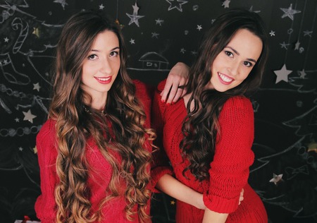 two beautiful young women at home celebrating New Year Peopleの写真素材