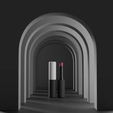 3d illustration of lipstick template on creative black and white background with arches. fashion cosmetics. Makeup design background. Use flyer, banner, flyer template for advertising.の写真素材
