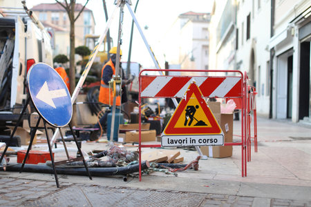 Work in progress sign. Closed road, work on repair maintenance