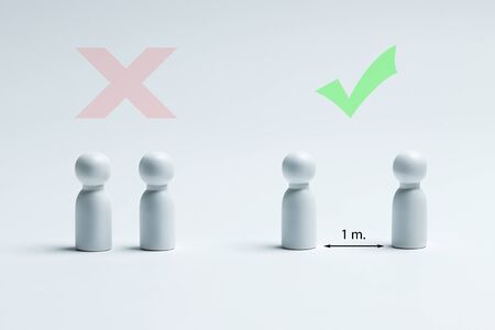 Keep a safe distance sign. Preventive measures. Steps to protect yourself. Social distancing. Preventing the spread of the virus. People with distance measure.の写真素材