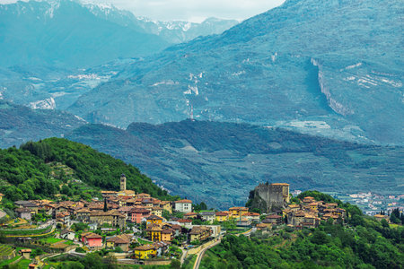 Small italian village Tenno in the Alps among south italy mountainsの写真素材
