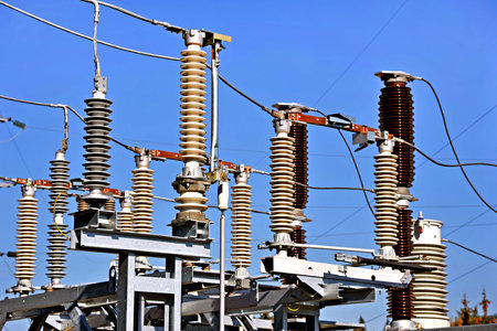 Part of high-voltage substation with switches and dis connectors.High voltage converter at a power...