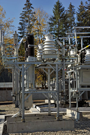 Part of high-voltage substation with switches and disconnectors.