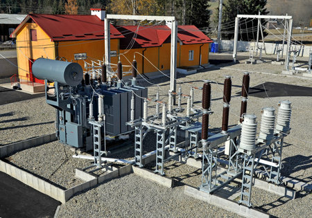 High voltage oil-filled power transformer on electrical substation.Part of high-voltage substation...