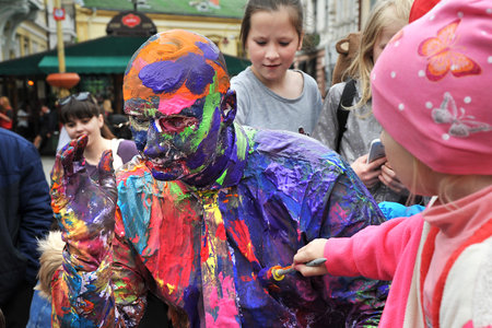 IVANO-FRANKIVSK, UKRAINE - MAY 3, 2019: First festival of living statues. Blanco show, children...