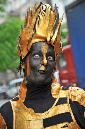 IVANO-FRANKIVSK, UKRAINE - MAY 3, 2019: First festival of living statues, man-fire, living statue.のeditorial素材