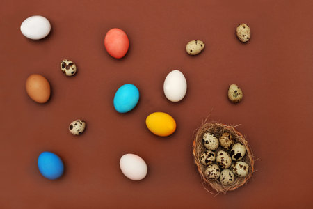 Easter concept painted and quail eggs on a terracotta background. view from above.の写真素材