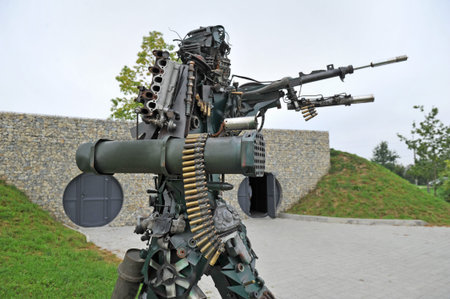 Warrior. Art installation from auto parts and cartridge cases.