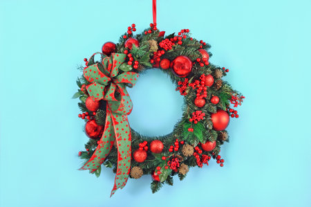Beautiful handmade Christmas wreath with festive decor on blue background. Christmas composition.の写真素材