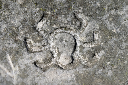 Runic inscriptions and solar signs on the top of the Written Stone in the Carpathians, Ukraine.の写真素材