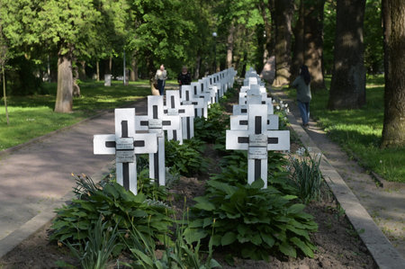 IVANO- FRANKIVSK, UKRAINE - 03 MAY 2024: Graves of Ukrainian Sich Riflemen in the memorial square.