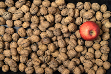 Walnuts background, texture. Dried nuts and an apple, top view.