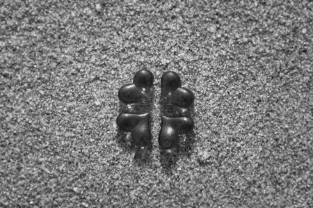 Four black and white glass heart lay on sand