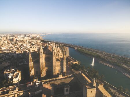 Aerial cityscape of palma de mallorca with cathedral, Balearic islands, Spainの写真素材
