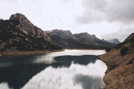 Tramuntana mountains on palma de mallorca, water reservoirの写真素材