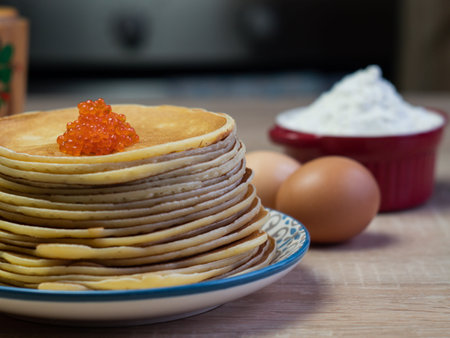 Red caviar with Pancakes, traditional Russian cuisine. Maslenitsa, shrovetide.の写真素材