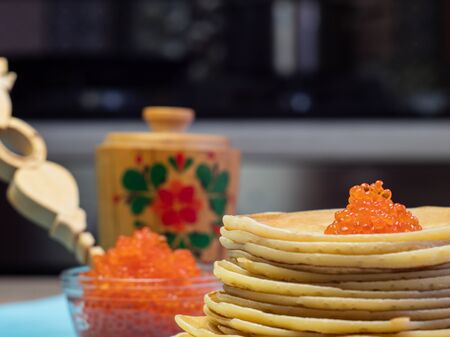 Red caviar with Pancakes, traditional Russian cuisine. Maslenitsa, shrovetide.の写真素材