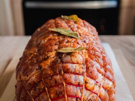 Baking tray with raw meatloaf on table. Cooked spicy pork meat roulade prepared to roast, marinated...