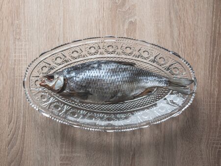 From above crystal plate with dried fish.の写真素材