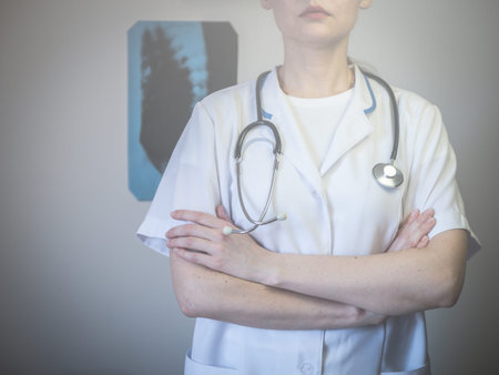 Healthcare and medical concept. Medicine doctor with stethoscope in the hospital background.