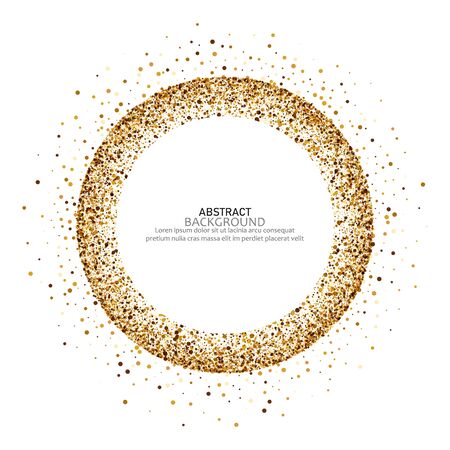 Golden splash or glittering spangles round frame with empty center for text. Golden glittering circle made of tiny uneven round dots on white background. Vector illustration.のイラスト素材