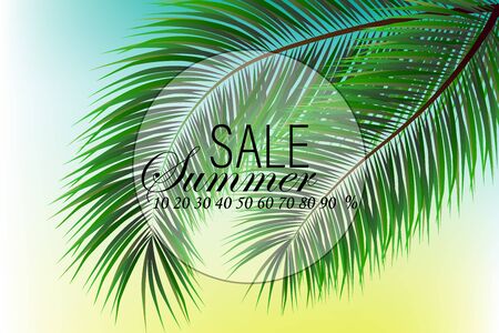Summer sale background banner with green exotic palm leaves and tropical plants, summer sale concept. Vector illustration eps10のイラスト素材