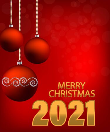 Christmas balls red, numbers 2021 as year isolated on red background for design, realistic color stock vector illustration of christmas balls as a card or greeting or design elementのイラスト素材