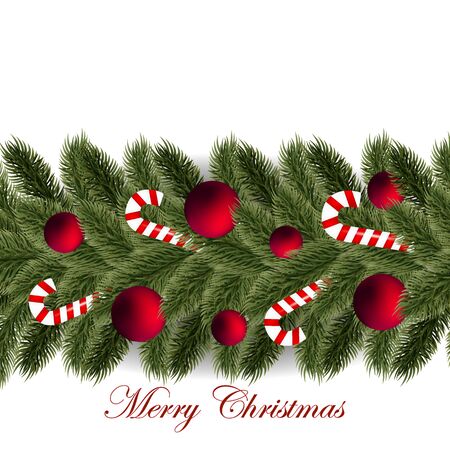 Holiday's Background with Season Wishes and Border of Realistic Looking Christmas Tree Branches Decoratedのイラスト素材