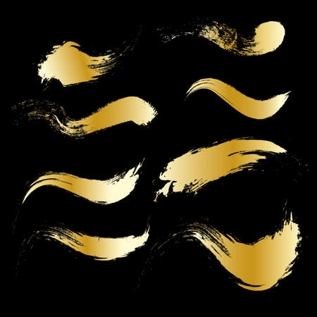 Gold brush stroke paint set isolated on black backgroundのイラスト素材