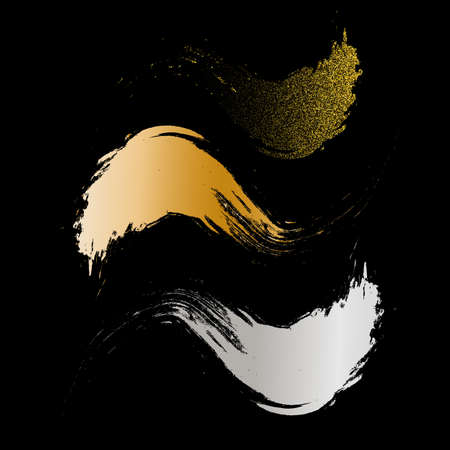 Gold and silver brush stroke paint set isolated on black backgroundのイラスト素材