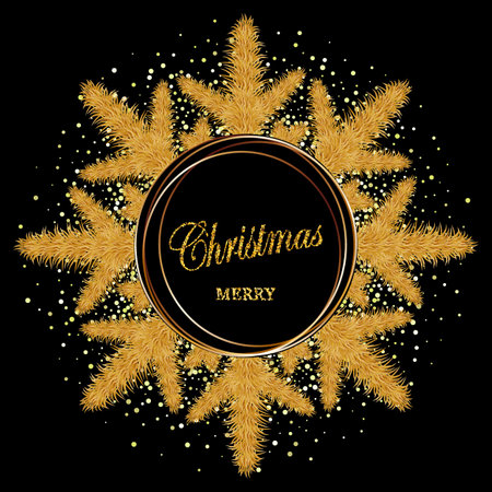 Merry Christmas and Happy New Year background. Beautiful gift card with golden balls on fir tree branches. Elegant vector illustration with gold confetti for xmas design.のイラスト素材