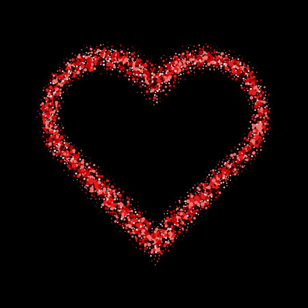 Abstract background with red glitter vector heart. Design template for invitation, congratulation. Happy Valentines Day Card with red Glittering Star Dust Heart, Golden Sparkles on Black Backgroundのイラスト素材