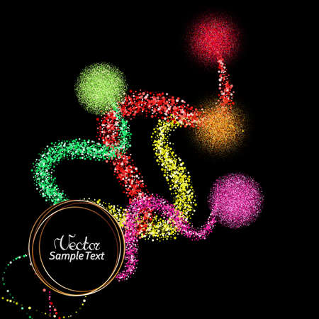 Golden texture of small particles of red, green, golden, purple dust, bright design on a black backgroundのイラスト素材