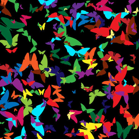 Abstract background with detailed color butterflyes on black backgroundのイラスト素材