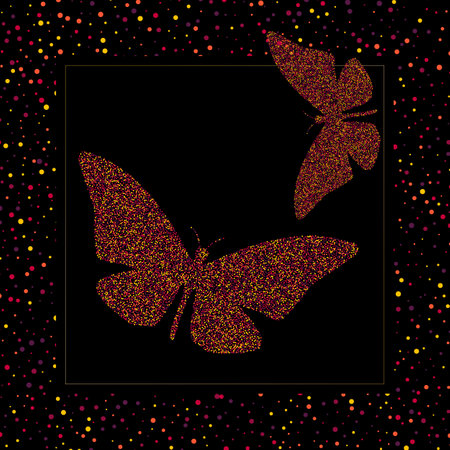 Design for holiday banner, greeting card, invitation, packaging. Frame of gold confetti decorated with butterflies.のイラスト素材