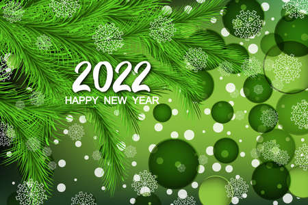 2022 New Year card template with green 3d numbers, snow and snowflakes, pine branches on light green backgroundのイラスト素材