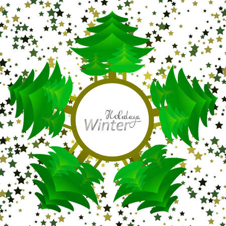 Christmas trees and falling stars Merry Christmas and Happy New Year postcard, many trees on the background, congratulations on the winter holidaysのイラスト素材