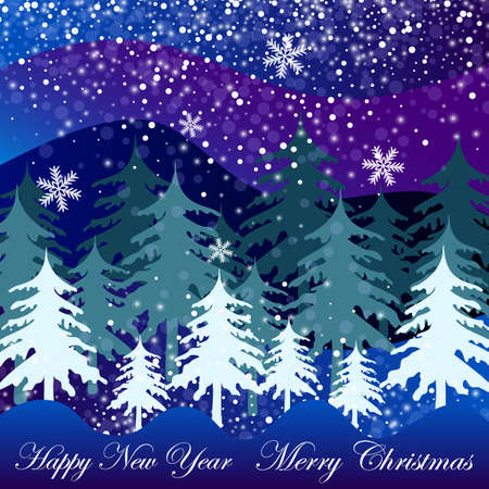 Christmas trees and falling snow Merry Christmas and Happy New Year postcard, many trees on the background, congratulations on the winter holidaysのイラスト素材
