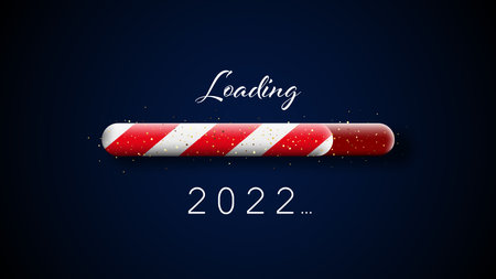 Red white progress bar with loading 2022 sign. Black blue background. Vector holiday illustration.のイラスト素材