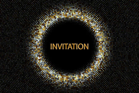 Abstract dark background of gold and silver dots, halftone frame, invitationのイラスト素材