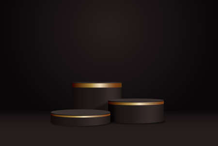 Black realistic podium with golden rim. Vector abstract design studio room with 3d geometric platform.のイラスト素材